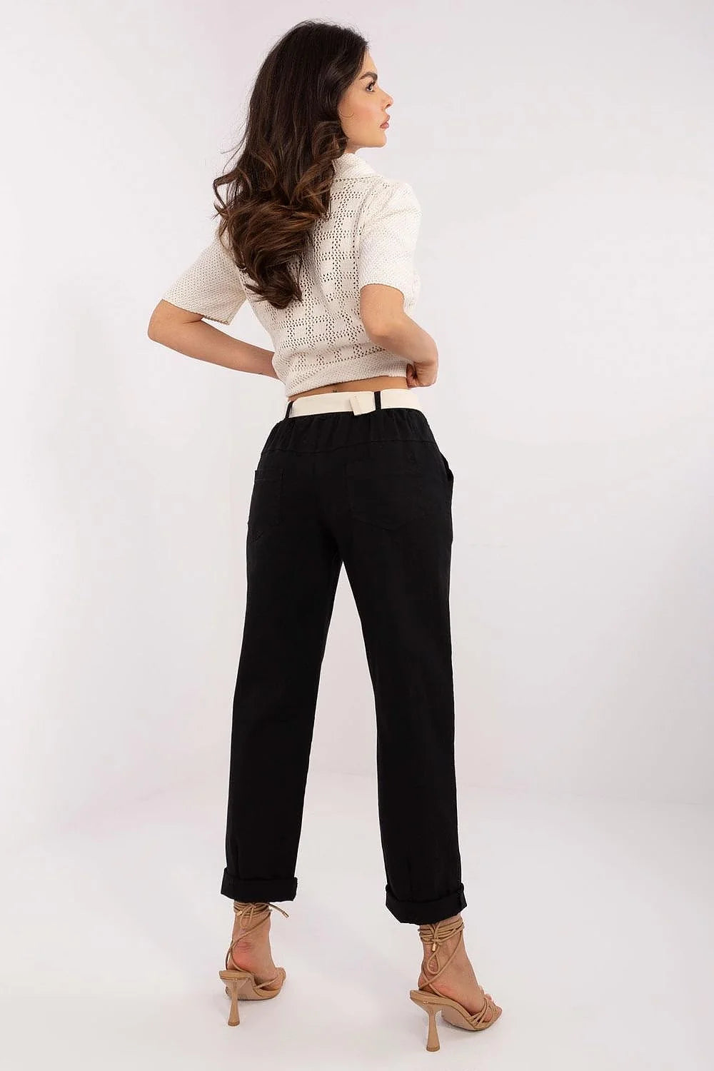 Pantalon femme Italy Moda élégant en tissu mélange polyester viscose taille haute jambes droites poches latérales ceinture tissu noir