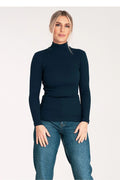 Pull à col montant pour femmes en coton élasthanne silhouette ajustée manches longues texture côtelée noir bleu marine