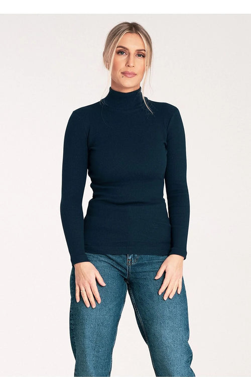 Pull à col montant pour femmes en coton élasthanne silhouette ajustée manches longues texture côtelée noir bleu marine