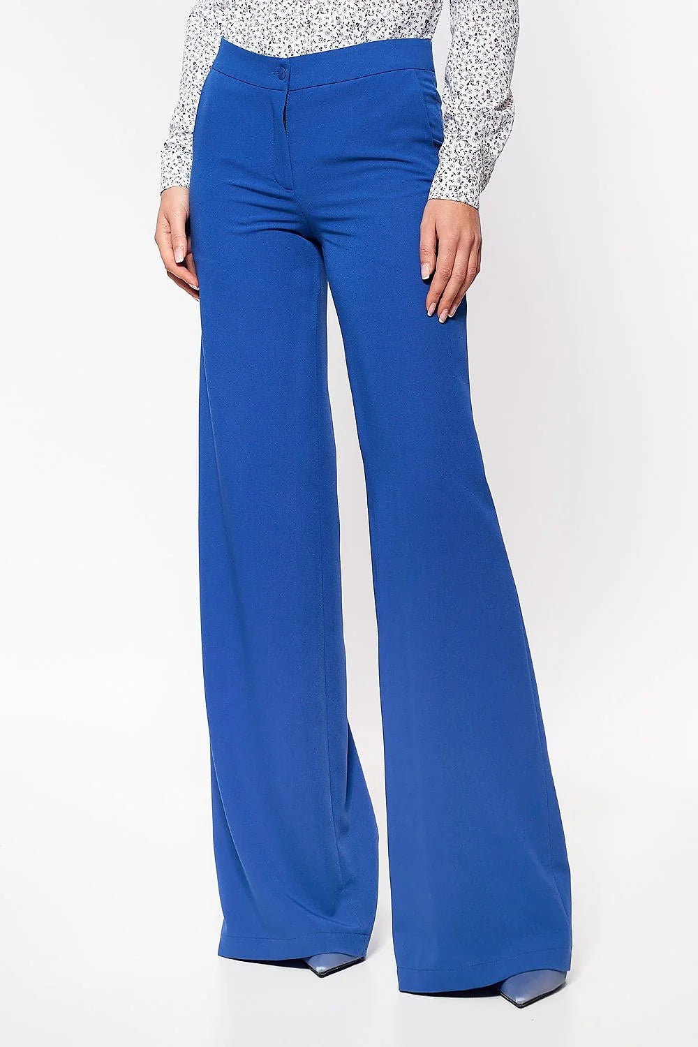 Pantalon palazzo polyester élégant bleu évasé moderne confort bureau décontracté femme taille haute