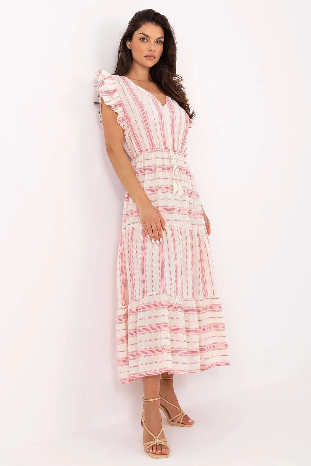 Robe bohème chic longue manches courtes tissu coton naturel coloris rose pâle et blanc cassé occasion été femme