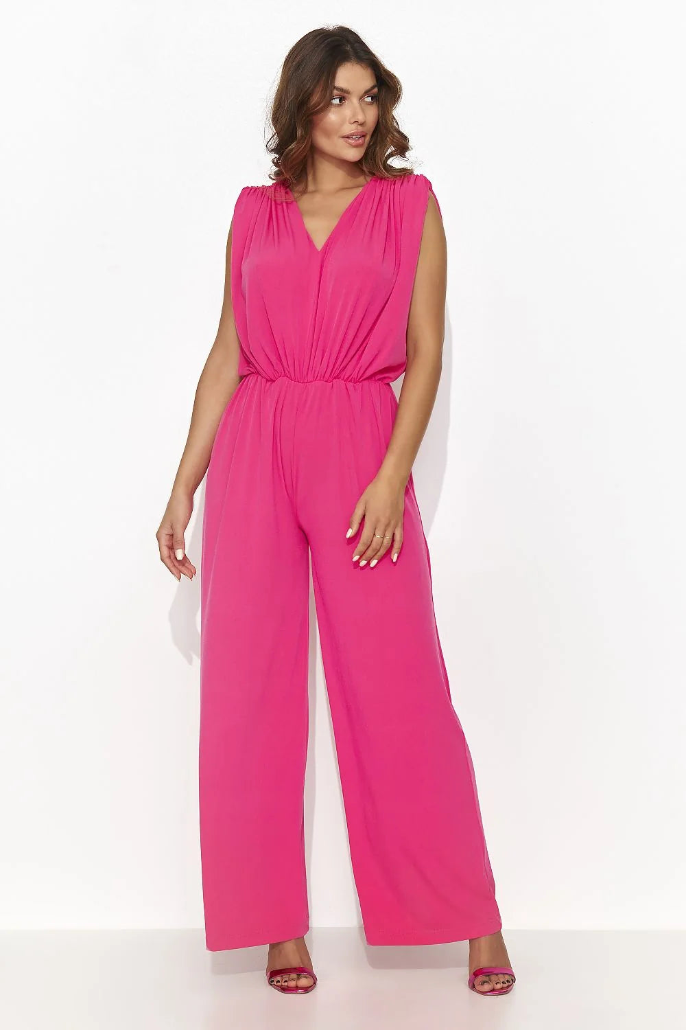 combinaison pantalon femme fuchsia sans manches encolure V taille élastiquée palazzo jambes larges fluide drapé chic soirée élégant