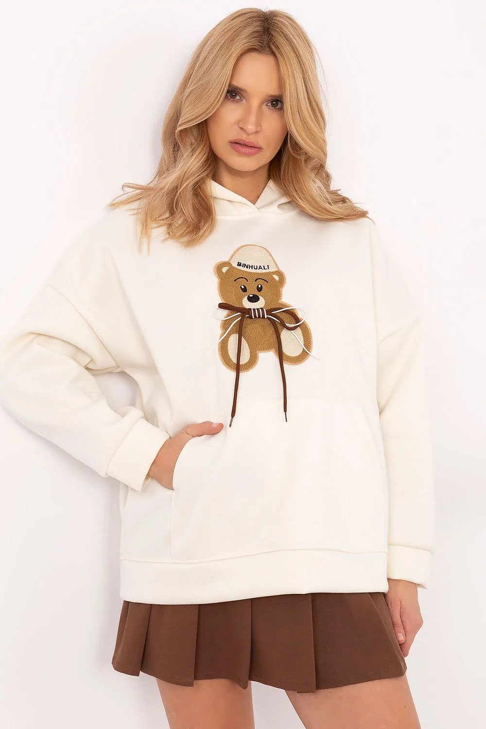 Sweatshirt à capuche pour femme design ours en peluche couleur crème manches longues poche kangourou