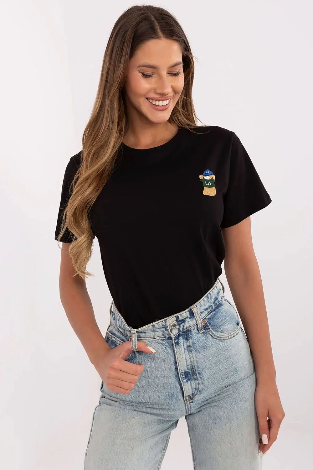 T-shirt femme coton noir motif ours brodé style décontracté manches courtes col rond