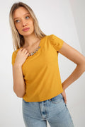 chemisier féminin jaune moutarde manches courtes bouffantes coupe droite coton élasthanne polyester tissu fluide confortable encolure ronde perles strass