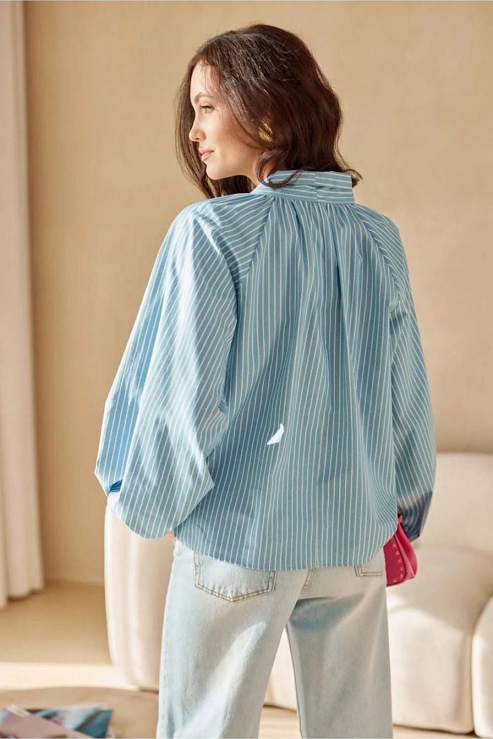 Chemisier féminin élégant modern style rayures verticales manches longues élastique nœud col coton 100% femme