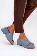mules femme modernes confortables wedge denim bleu clair suédé cuir plateforme compensée talon bloc large empeigne ouverte semelle marron slipon