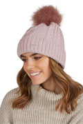 Bonnet d'hiver pour femme en laine, maille câblée, pompon en fausse fourrure, style moderne, confortable et élégant, couleur rose pâle