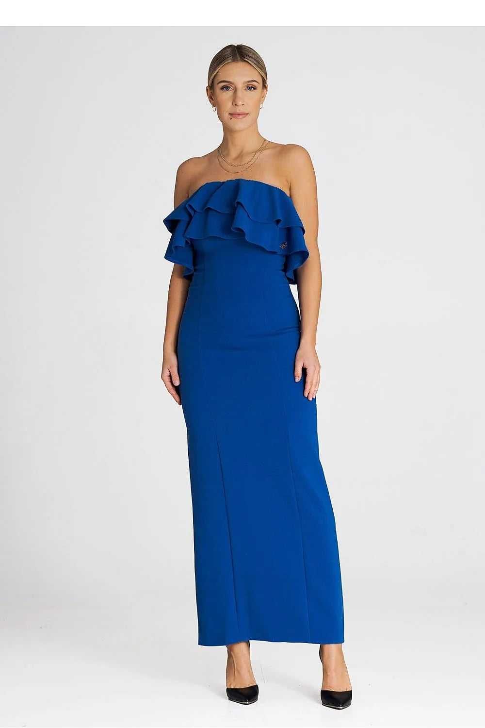 Robe de cocktail élégante longue sans manches volants double encolure bleu vif femmes occasion spéciale