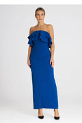 Robe de cocktail élégante longue sans manches volants double encolure bleu vif femmes occasion spéciale