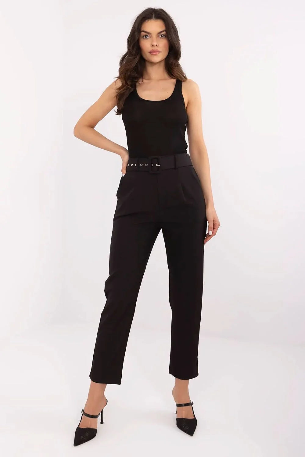 Pantalon cigarette femme高 taille haute matelassé polyester élasthanne noir slim taille ajustable occasion formelle