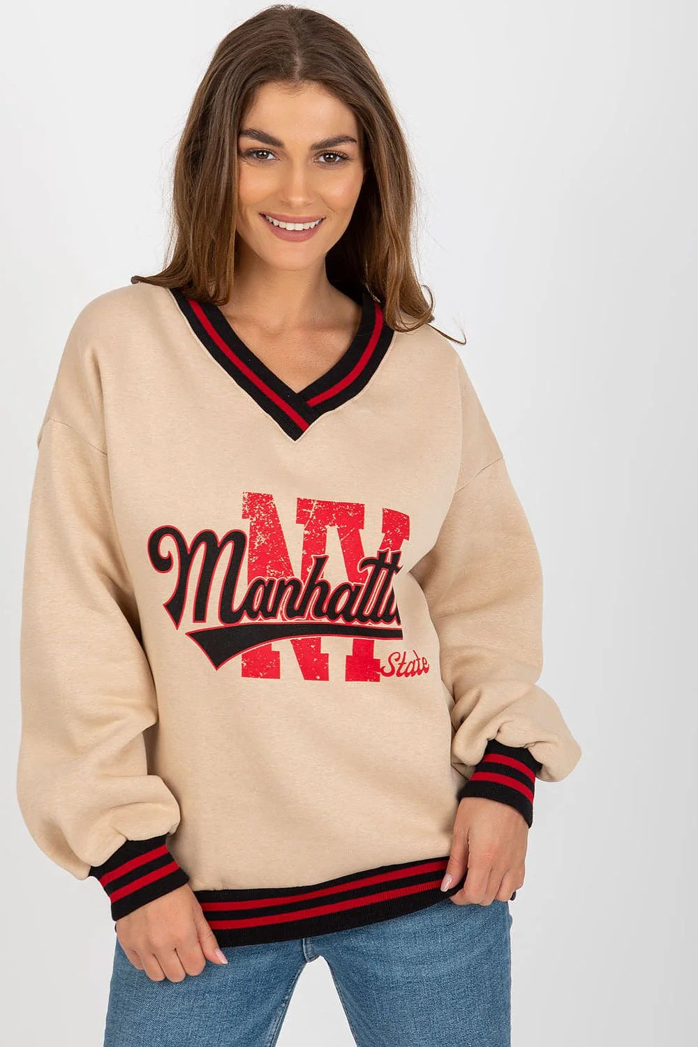 sweatshirt femme oversize colv molleton doux beige imprimémanhattan rouge effetvieilli bordscotes noirs rouges mancheslongues tombantes coupedecontractee universitaire confortable chaud