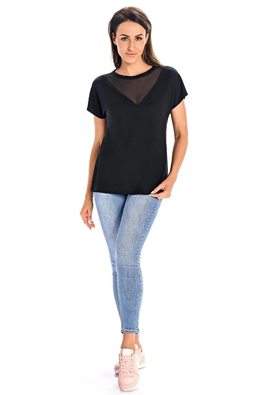 Chemisier Teyli en bambou noir manches courtes encolure haute transparence triangulaire dos droit femme