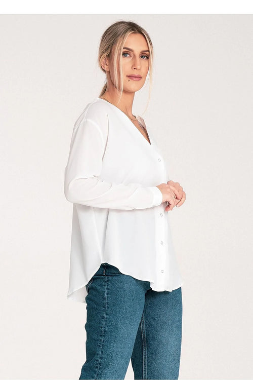 blouse élégante femme manches longues légèrement bouffantes col V boutonnage frontal boutons pression polyester elasthanne fluide satinée coupe ample