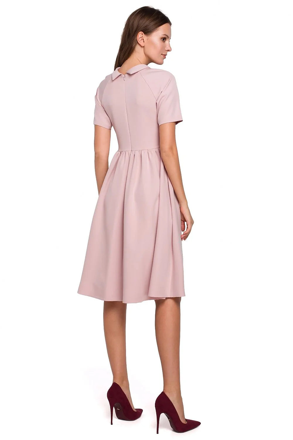 Robe en polyester élasthanne rouge vif élégante manches courtes col rond jupe évasée femme