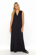 Robe de jour élégante longue ample fentes en bas encolure en V sans manches femme