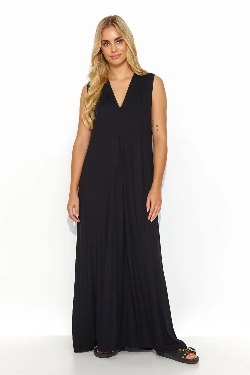 Robe de jour élégante longue ample fentes en bas encolure en V sans manches femme