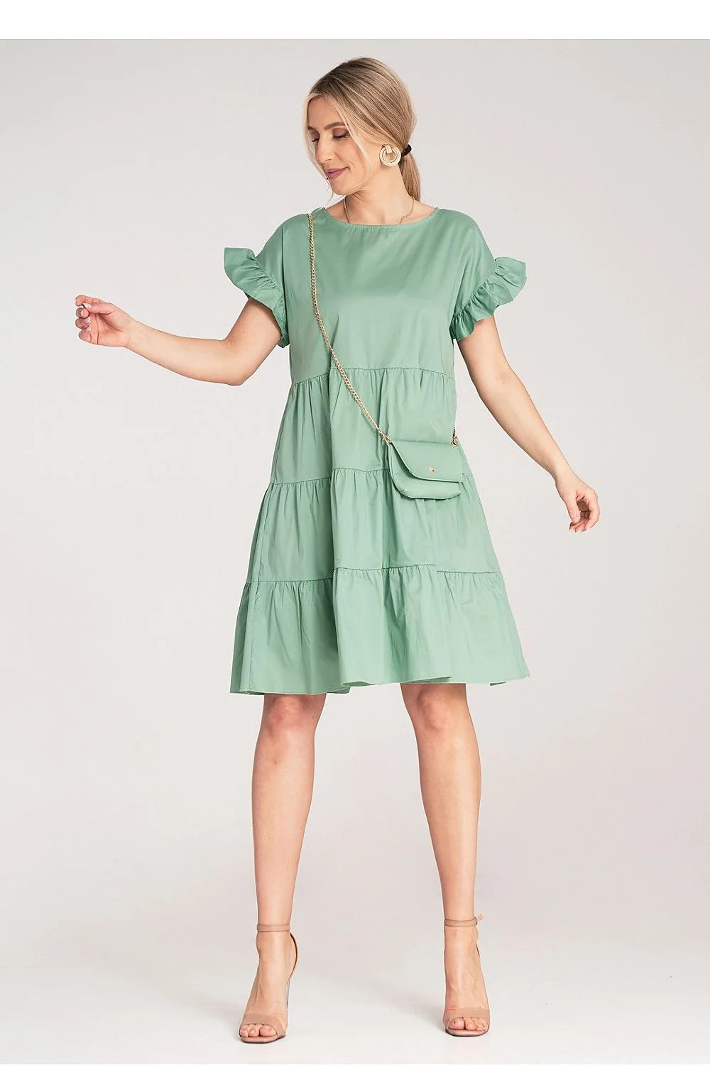 Robe de jour Figl verte menthe mini volants manches courtes en coton élasthanne taille S/M femme occasion estivale