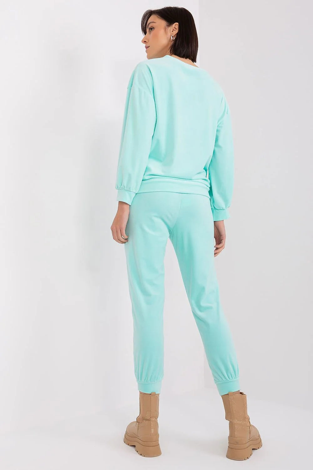 Ensemble Italy Moda élégant féminin survêtements maille velours sweatshirt pantalon joggers manches longues écusson turquoise pastel femmes