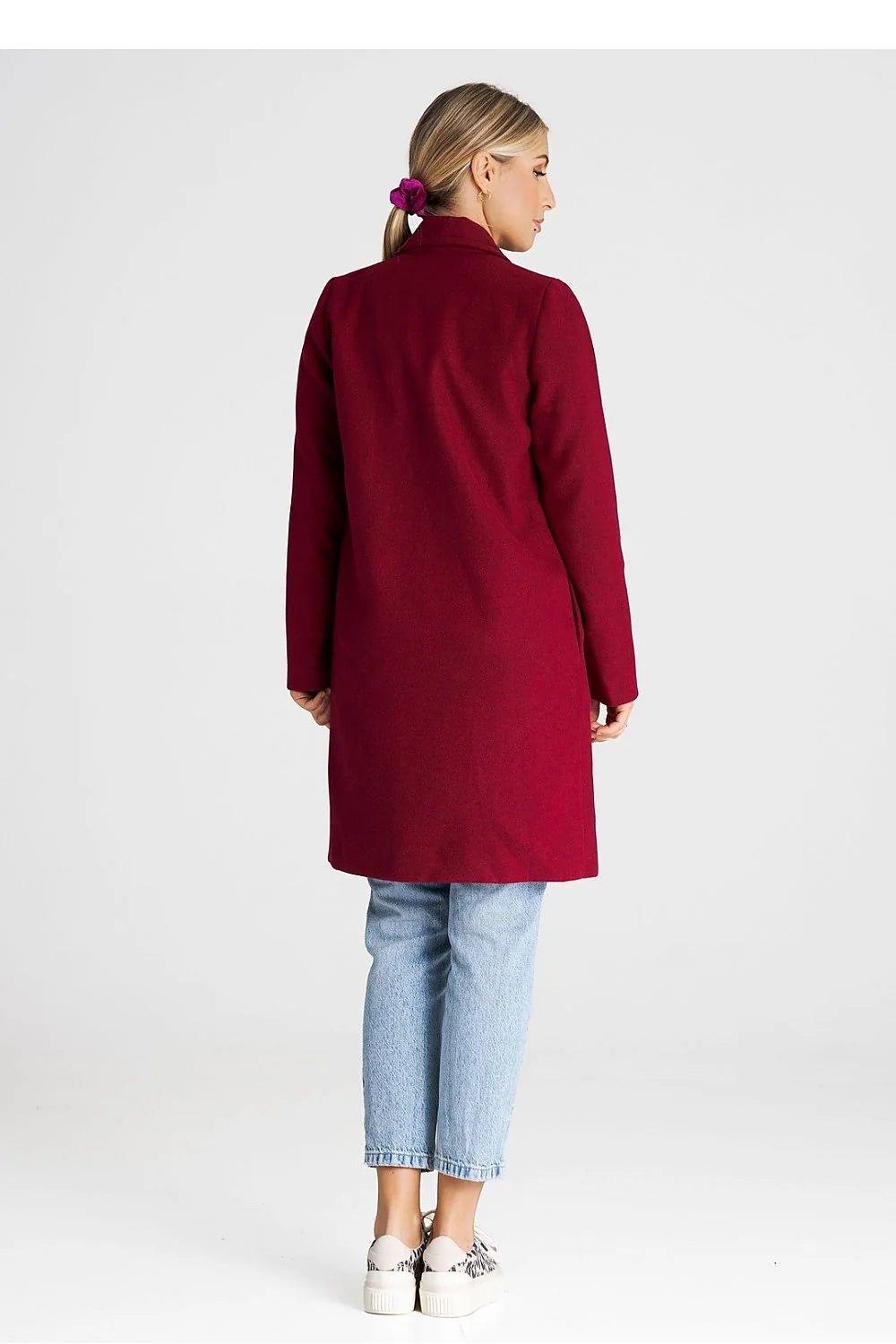 Manteau pour femme élégant longueur genoux couleur bordeaux col châle ceinture ajustable laine mélangée doublure intérieure manches longues automne hiver