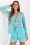 Ensemble féminin en crochet bleu turquoise été 2023 style décontracté blouse cardigan manches longues shorts élastique occasions plage détente