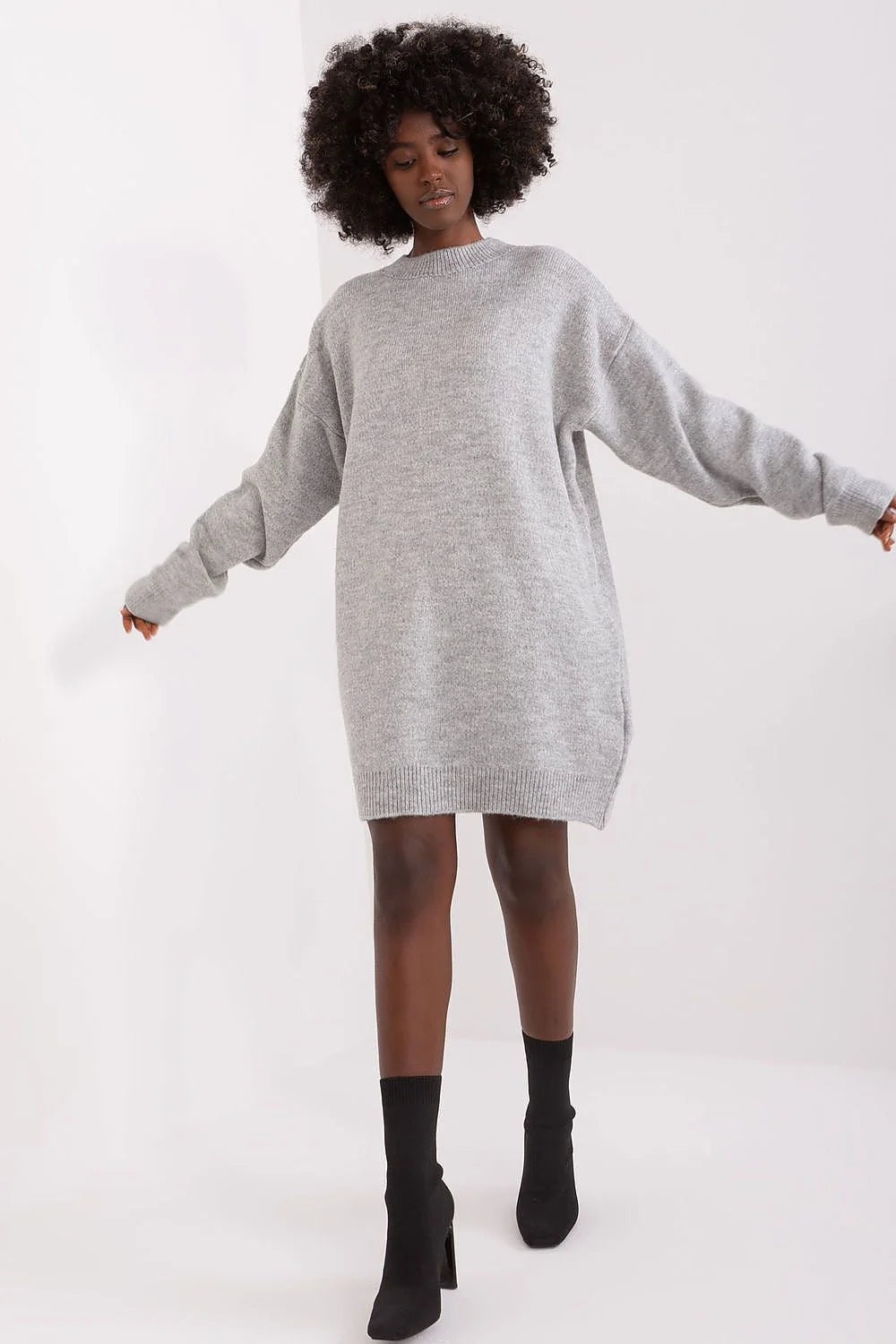 Robe pull femme oversize tricot grise col rond manches longues taille ajustable quotidienne casual