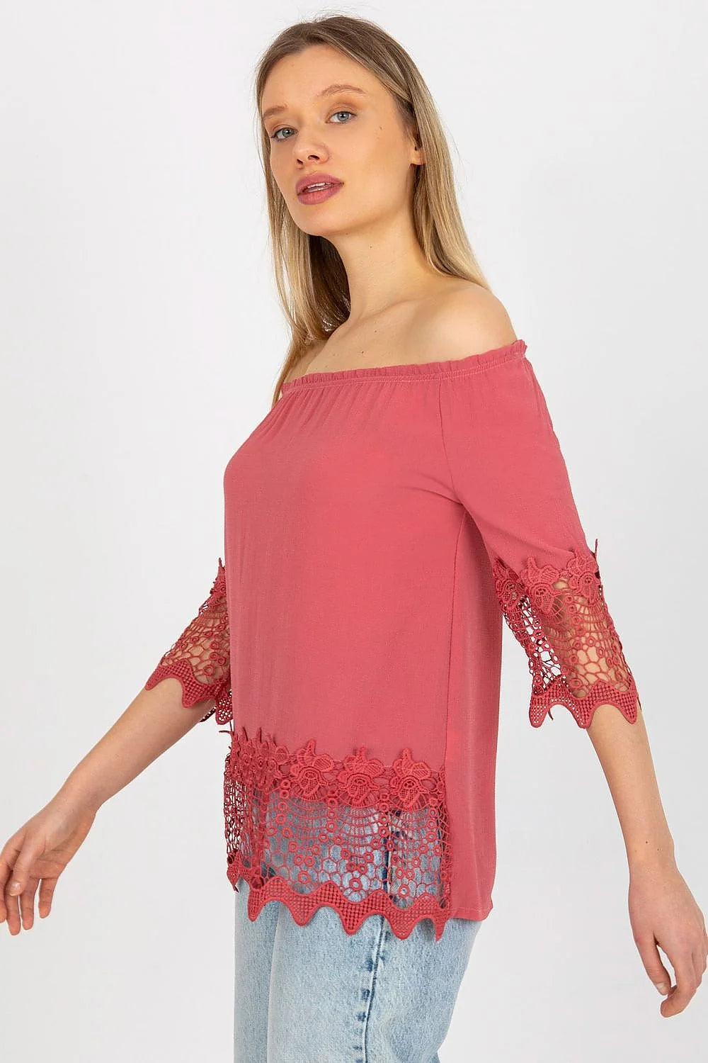 chemisier femme élégant décolleté espagnol épaules exposées manches troisquarts dentelle florale gris foncé coton élasthanne polyester léger respirant ample estival