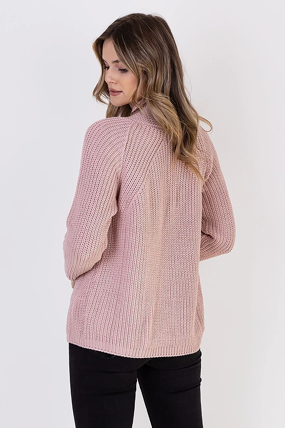 Cardigan femme en tricot jersey rose pâle col châle manches longues en laine acrylique 90% 10%