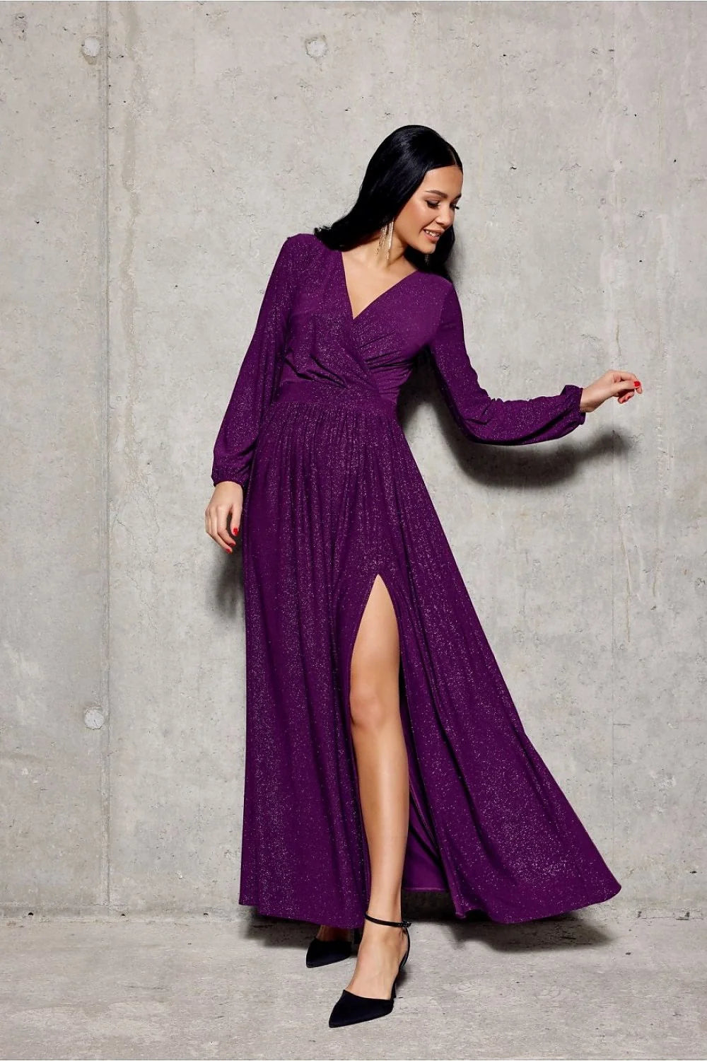 Robe longue élégante pour soirée en tissu scintillant V-décolleté manches longues ceinture ajustable couleur pourpre femme
