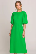 robe midi romantique femme manches bouffantes encolure ronde taille marquée froncées épaules vert vibrant tissu fluide léger élégante intemporelle