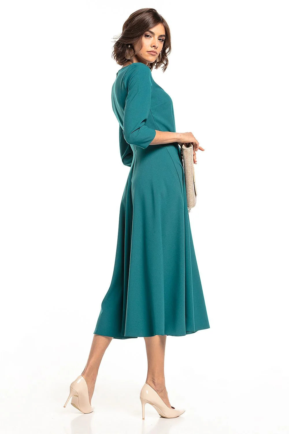 Robe élégante femme polyester élasthanne vert foncé ajustable mi-longue silhouette raffinée mode intemporelle