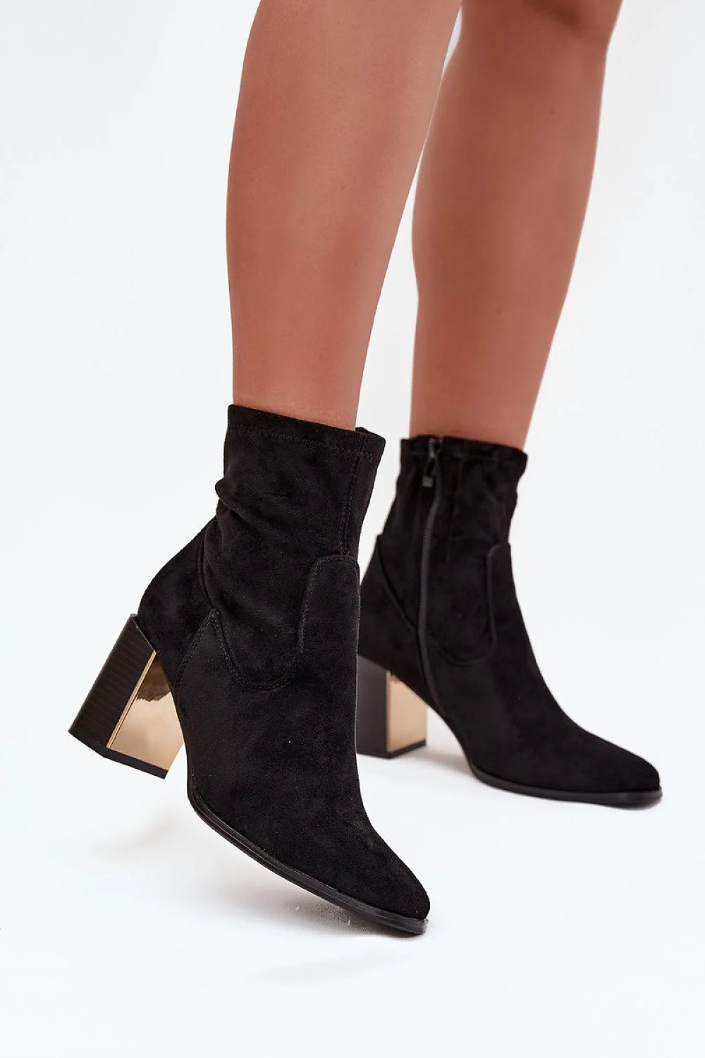 bottines femme cheville suédine écologique doublé confortable talon colonne stable doré insert métallique zippée latérale bout pointu semelle fine