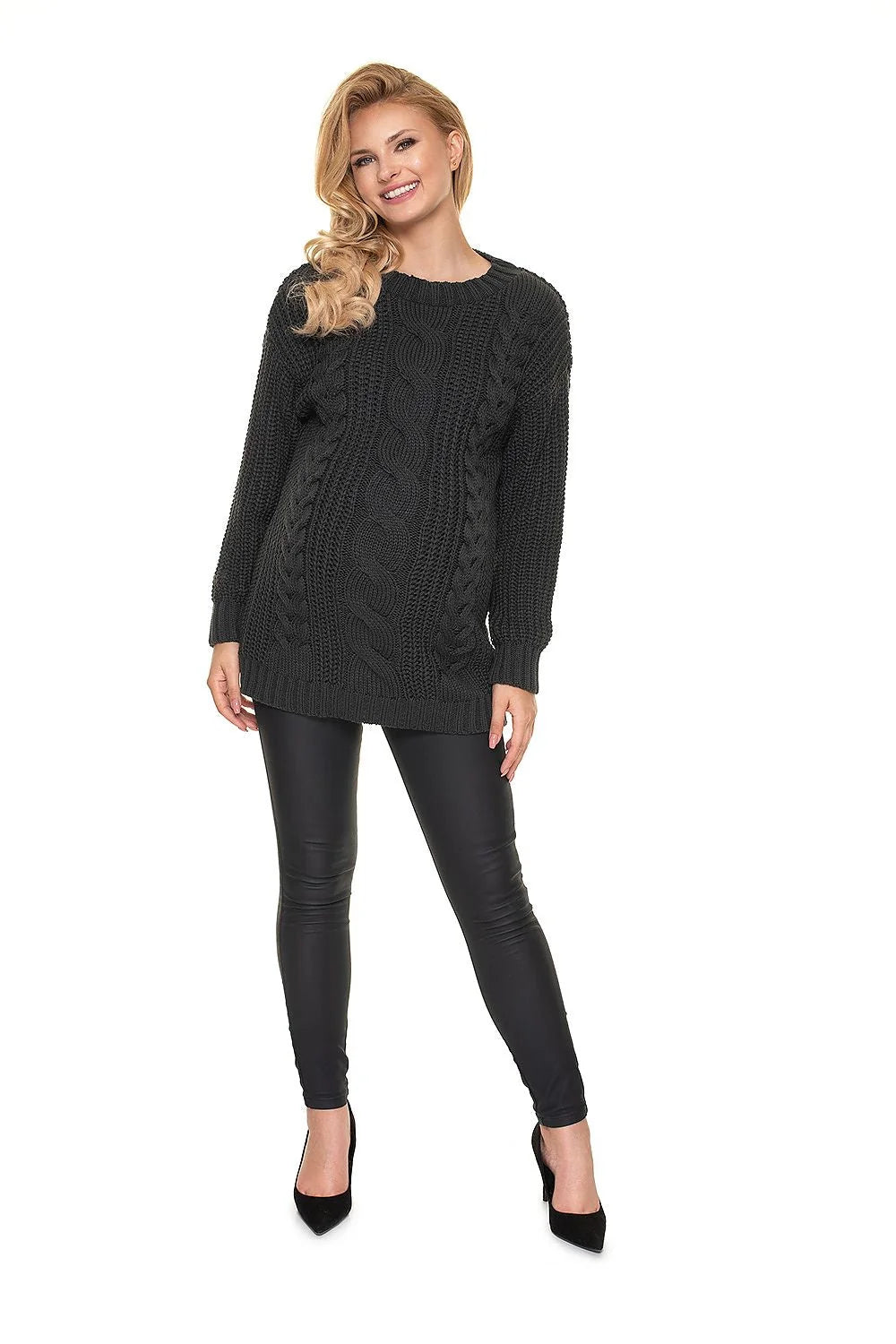Chandail grossesse en maille tricotée blanc torsades confort élégant hiver mode féminine décontracté