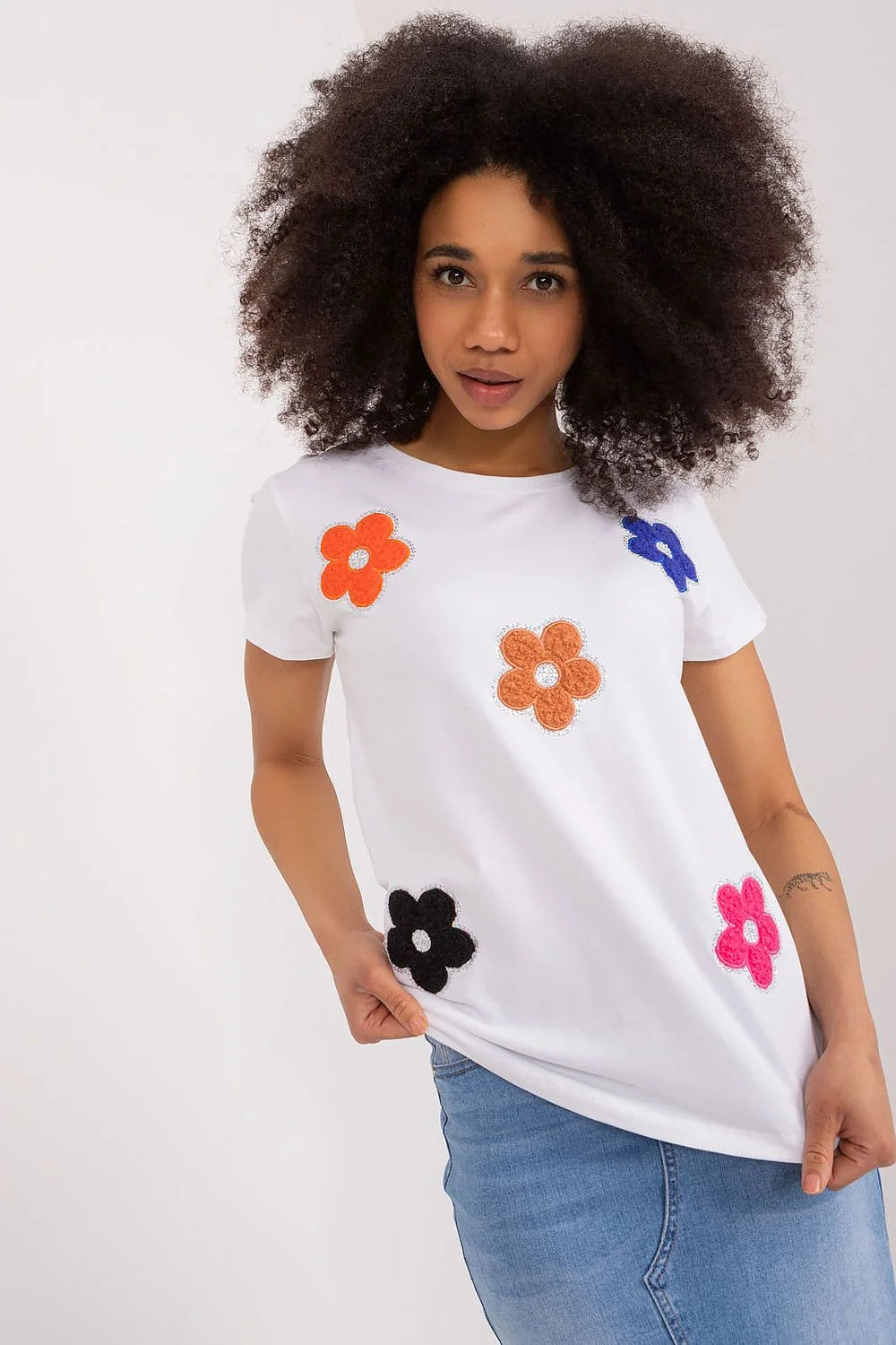 T-shirt femme casual à floral appliqués multicolores coton blend court manches col rond