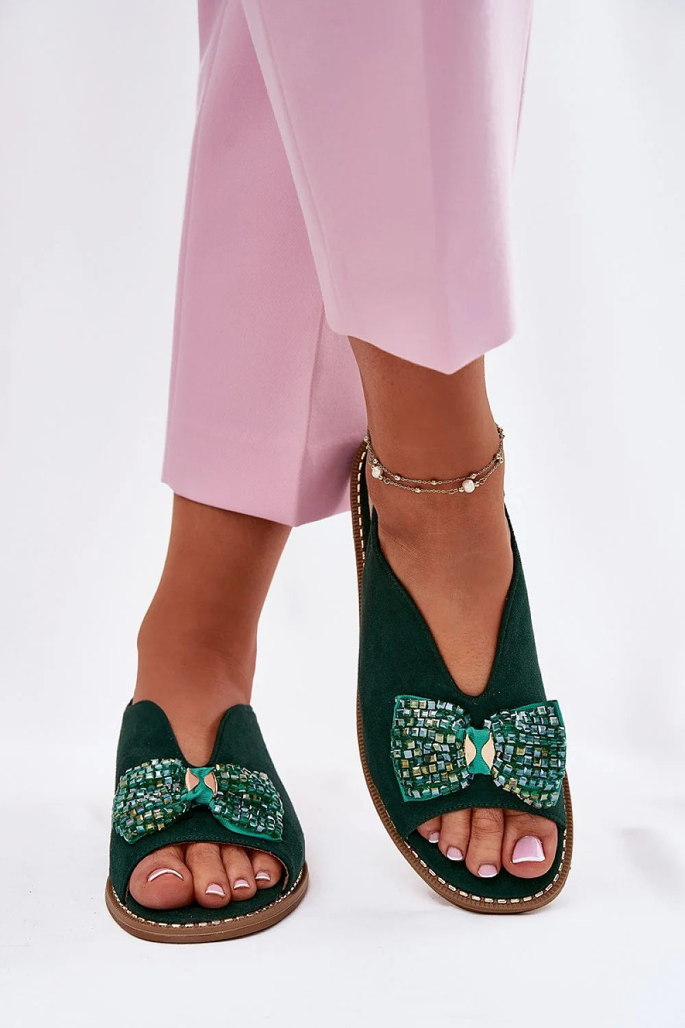 Sandales féminines élégantes suédine écologique nœud décoratif semelle intérieure cuir vert ajustable femmes occasion estivale