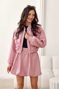 Ensemble mode coordonné blouson et jupe rose poudré manches longues élastiques fermeture éclair tissu léger femmes