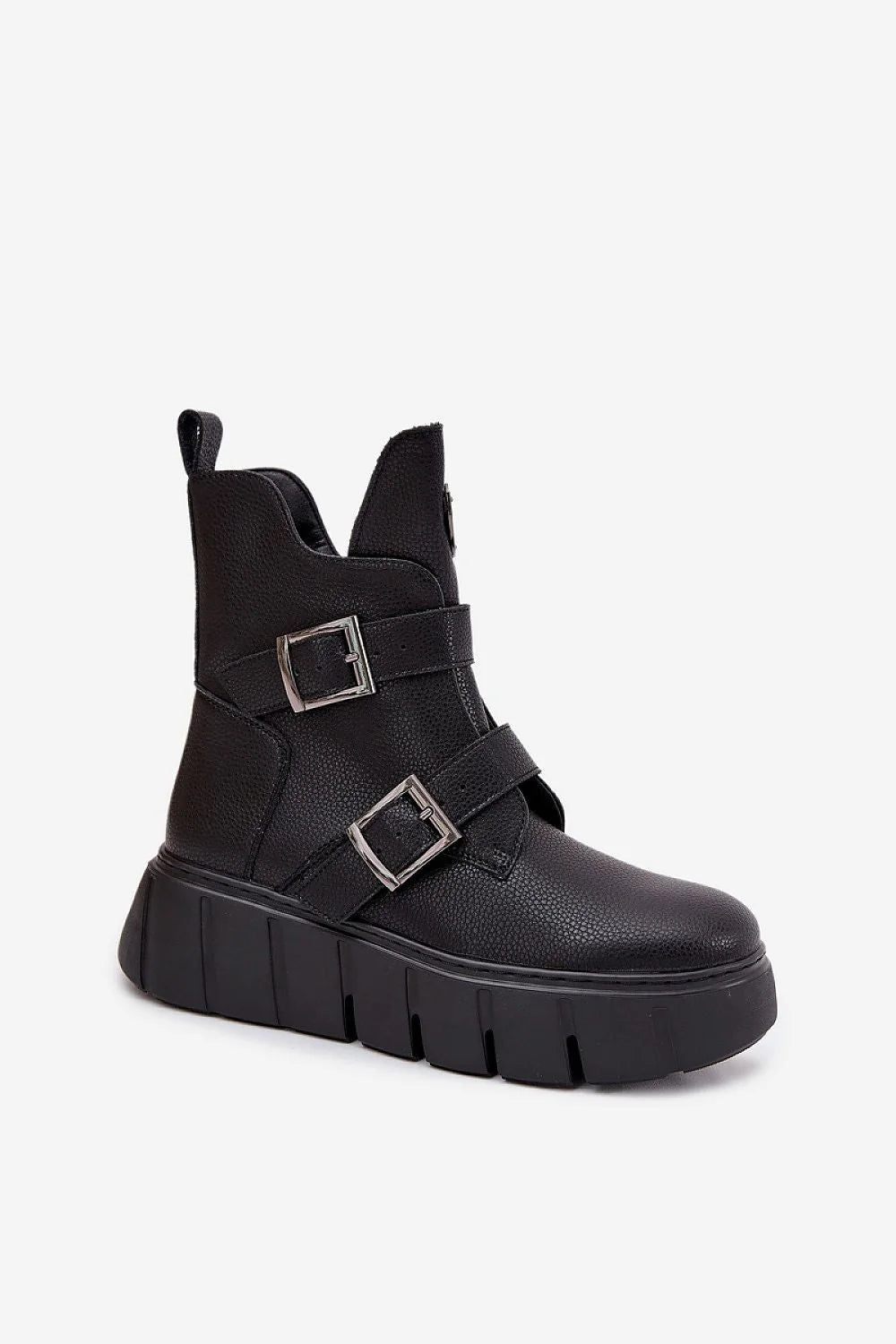 bottines femme cuir naturel noir biker plateforme haute semelle crantée bout rond zip latéral sangles boucles doublure chaude