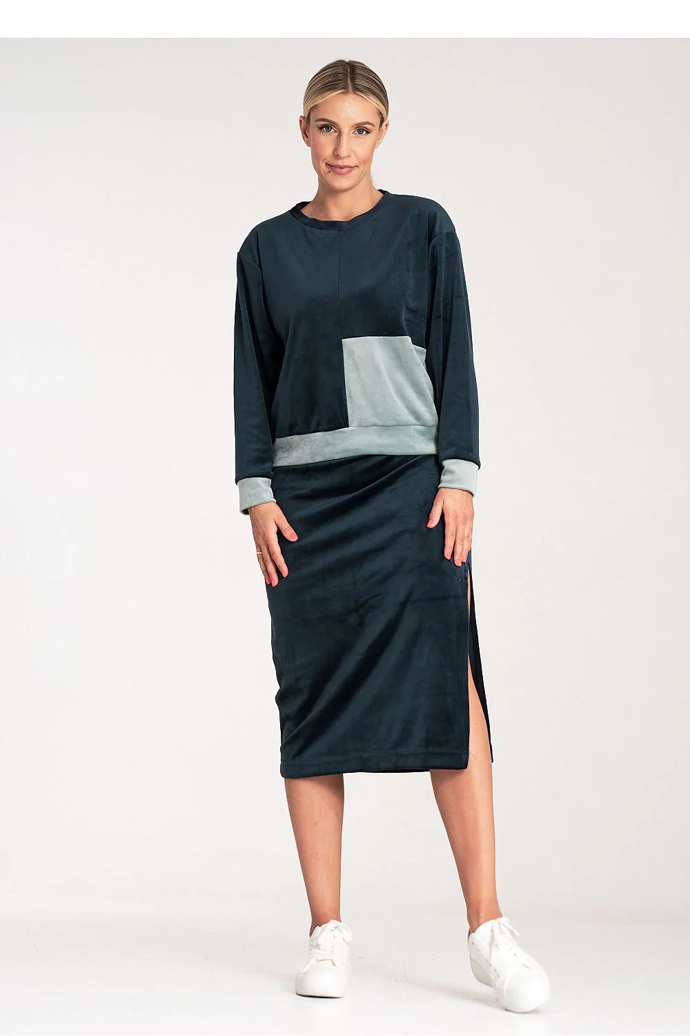 Ensemble femme velours chemisier manches longues jupe crayon fente poche contrast taille élastique mode confort
