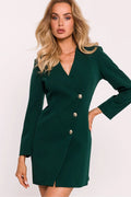 Robe tailleur élégante verte foncée coupe ajustée col V manches longues fermeture asymétrique boutons dorés taille ajustable femme