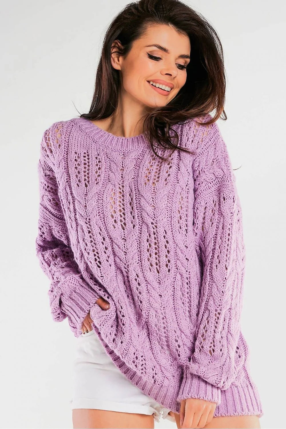 Pull femme oversize maille torsadée encolure ronde manches longues côtelé couleur bleu vif matériau polyamide polyacrylique polyester