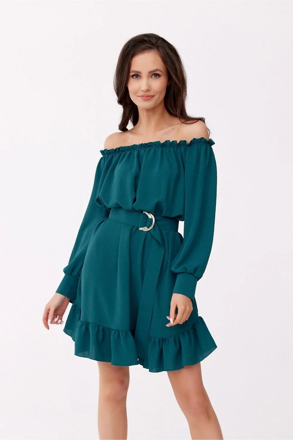 Robe de jour élégante en vert émeraude longues manches larges ceinture assortie tissu léger femmes