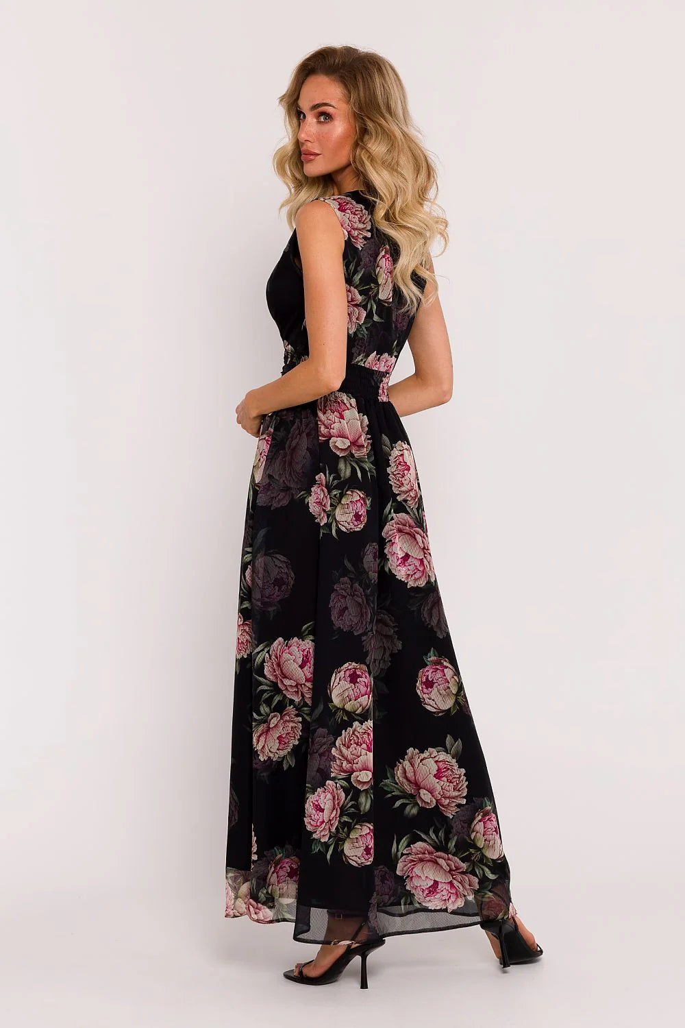 Robe de jour Moe mousseline soie V-neck sans manches ceinture fente haute silhouette ajustée femme