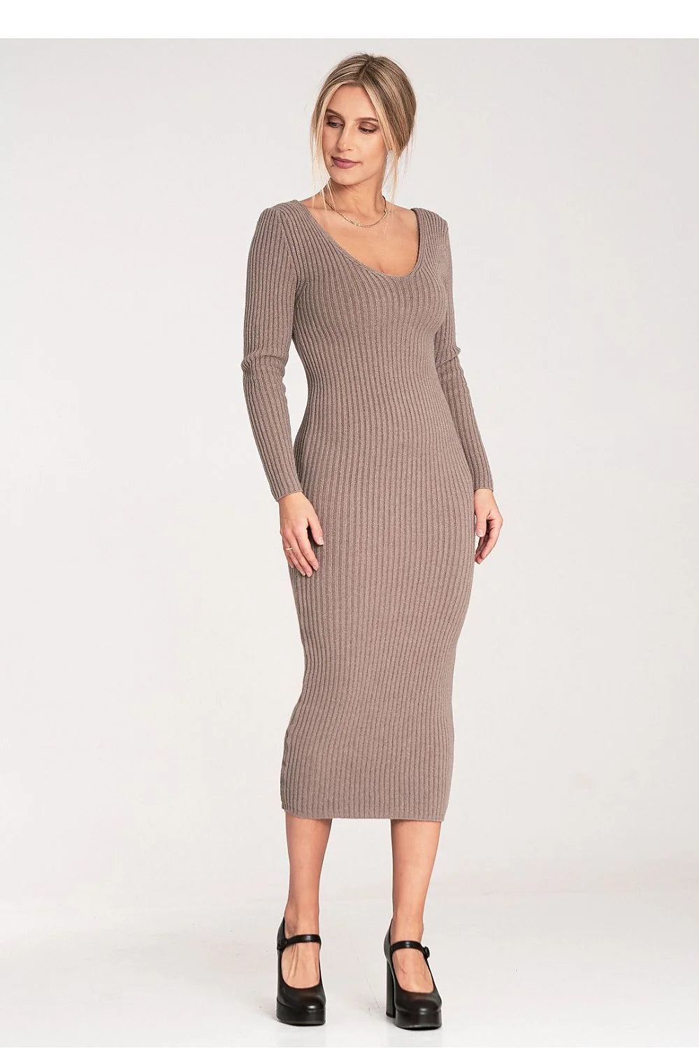 Robe pull midi femme Figl maille côtelée extensible moulante bodycon manches longues encolure dégagée taupe neutre maintien confort casualchic superpositions