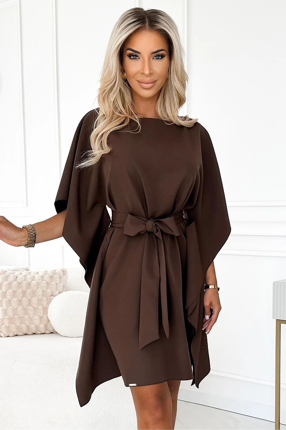 Robe élégante pour femme style papillon couleur chocolat ceinture intégrée coupe ample manches amples genoux longueur
