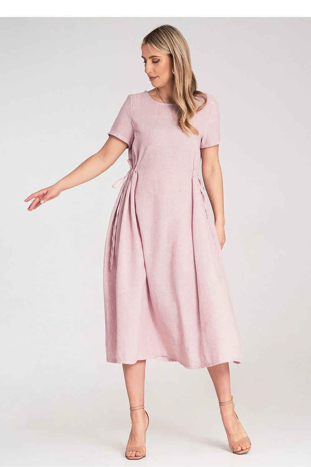 Robe de jour élégante midi manches courtes col rond rose pastel cordon latéral polyester femme