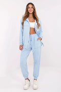 ensemble survêtement femme bleu pastel coton élasthanne molleton jersey zippé capuche poches taille haute cordon serrage zips apparents poignets côtelés