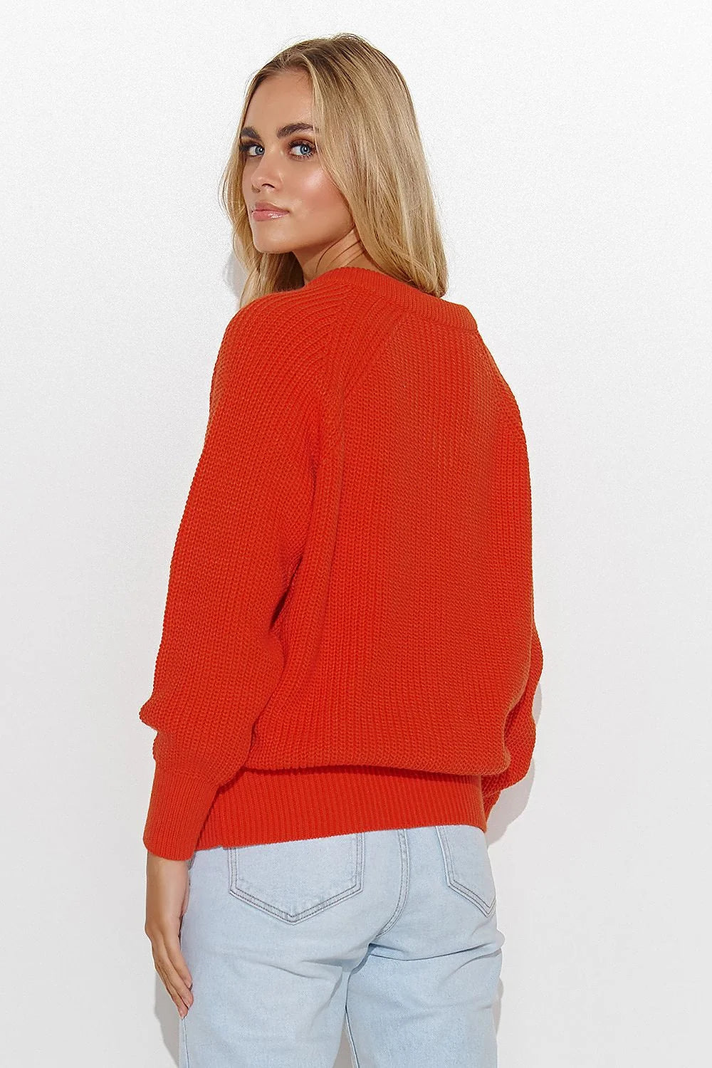 pullover femme maille épaisse colV raglan manches bouffantes bords côtelés oversize coupe relaxed hanches texture broche dorée rouge