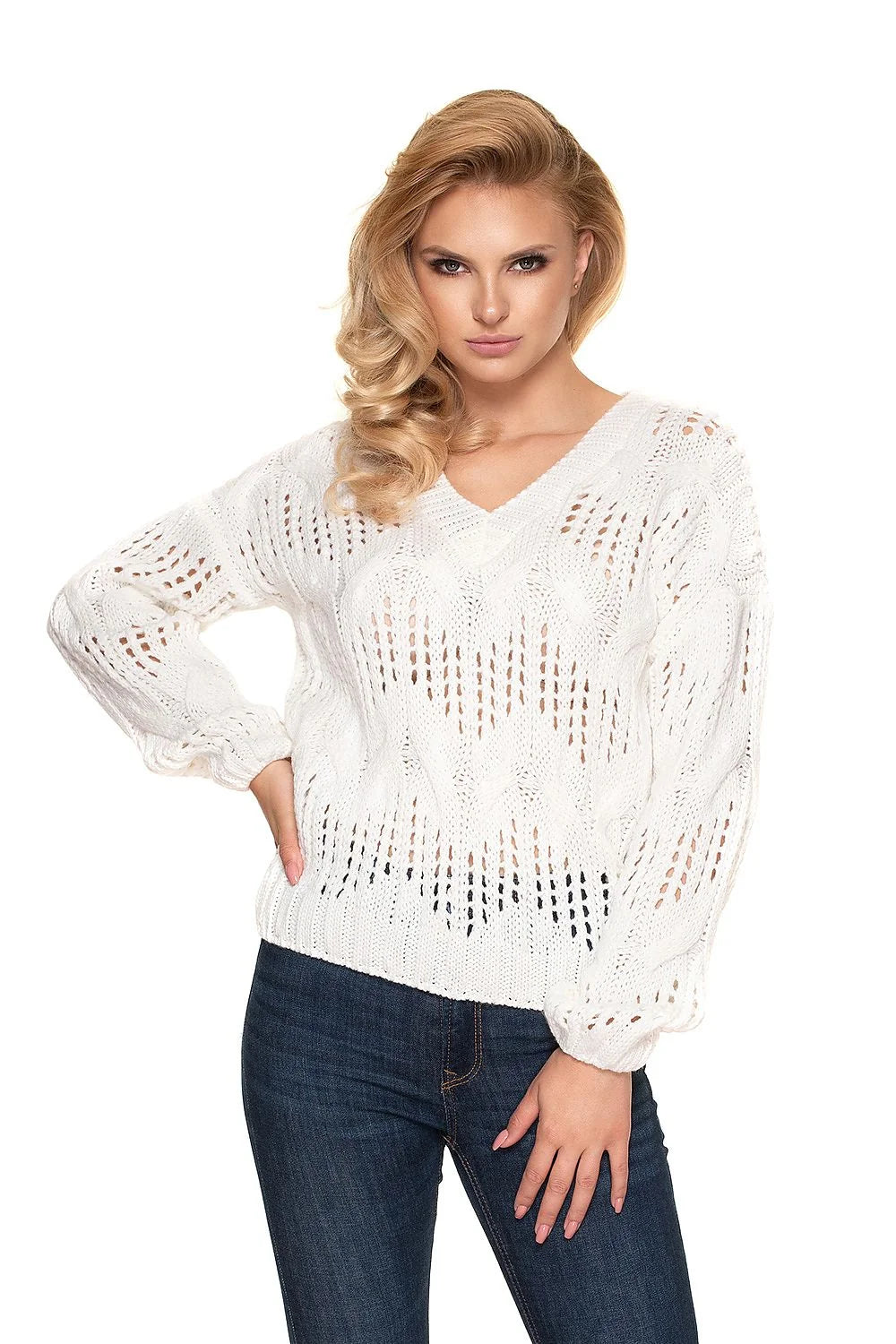Pull oversize en acrylique blanc ajouré, manches longues, style décontracté chic pour femmes modernes