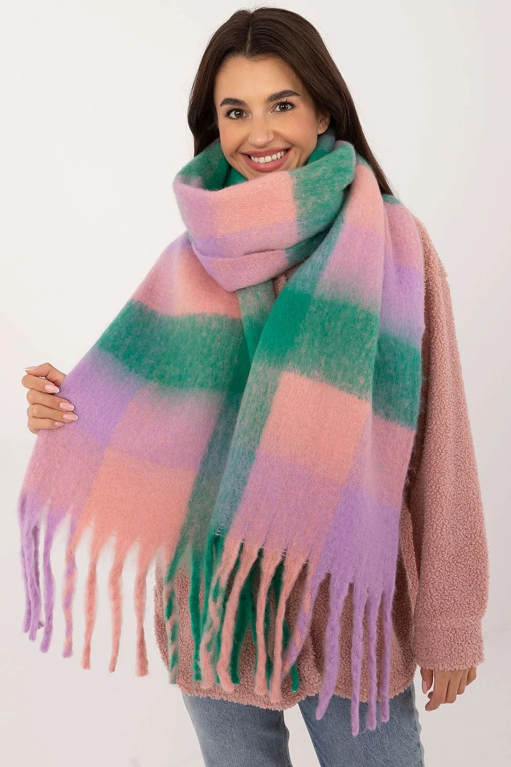 Écharpe large en polyester motif carreaux couleurs pastel style oversize avec franges pour femme