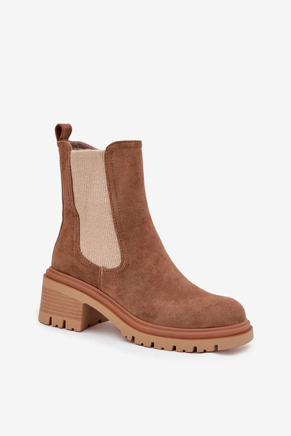 bottines chelsea femme suédine camel écologique boutarrondi talonbloc moyen confortable fourré fermetureeclair empiècementelastique languettearriere semellecrantee antiderapante polyvalente quotidienne